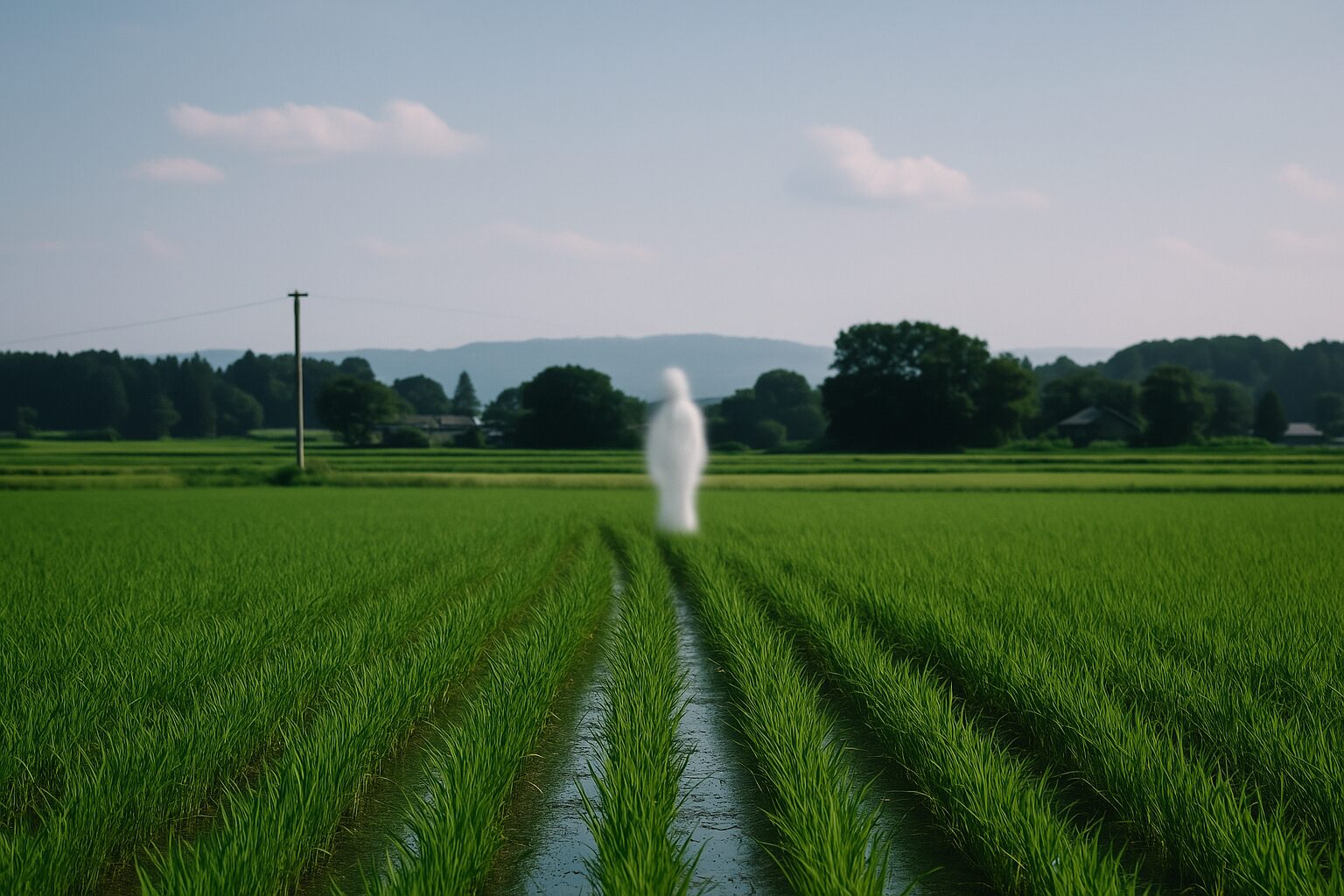 昼間の田んぼの中央に白く不気味な“くねくね”が立つイメージ画像