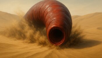 ゴビ砂漠で砂を巻き上げながら、巨大な赤褐色のミミズ状生物が口を開け突進するモンゴリアン・デスワームのイメージ画像
