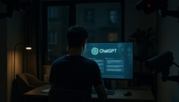 夜の部屋でChatGPTを操作する人物と、それを監視する複数のカメラが映る不気味な現代的構図