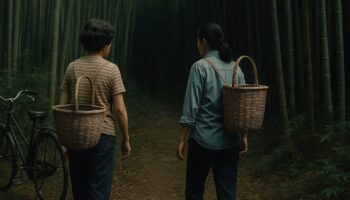 竹林に入っていく主婦ふたりと奥に見える不気味な人影のイメージ画像