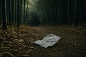 山道に落ちたレシートと静まり返る竹林の風景画像