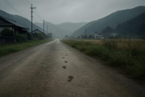 子どもの足跡が途中で途切れた静かな田舎道と霧に包まれた風景画像