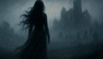霧の丘に佇む女性の背中と古城の幻想的な風景