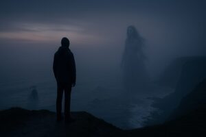 霧の崖に立つ人物と、遠くの霧の中にぼんやりと現れる幽霊のような女性